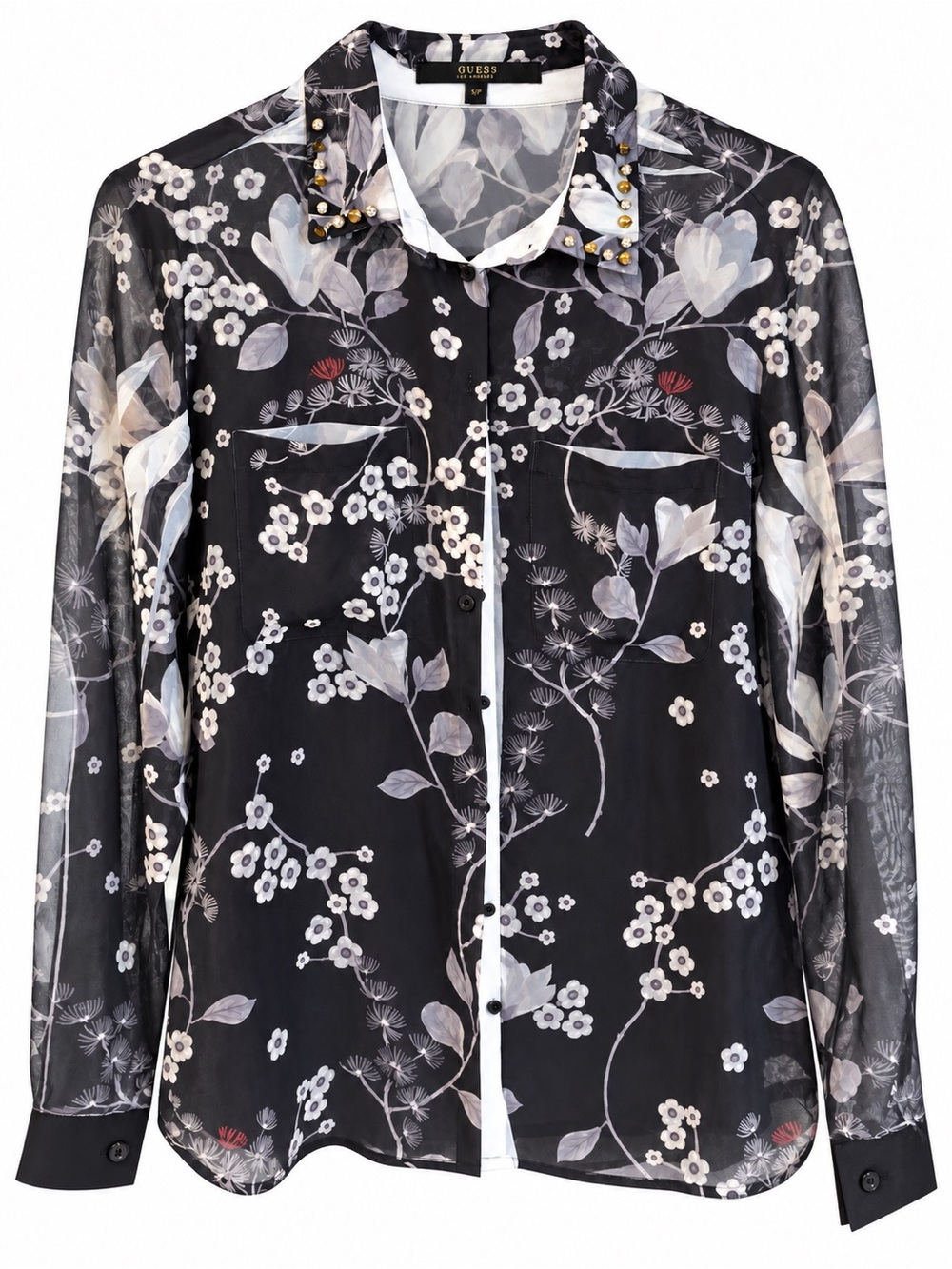 GUESS Los Angeles XS Sheer Floral Chiffon Blouse Studded Collar Black Button Up - Picture 3 of 7